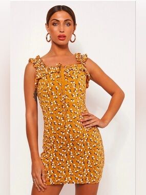 PrettyLittleThing Mustard Floral Ruffle Tie-Front Mini Dress